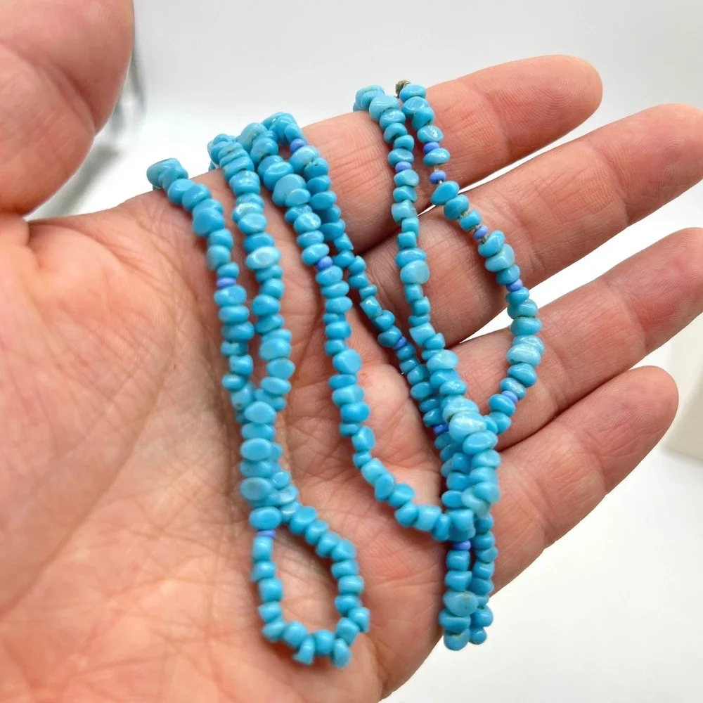 Turquoise Chip Bead Necklace Blue Southwestern Boho Beaded Strand 26 Inch